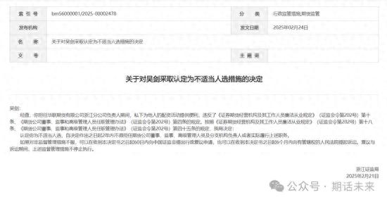 浙江证监局披露某期货公司分公司负责人非法配资监管措施